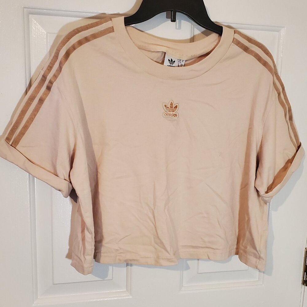 adidas Pink Tan Cropped Tee with Stripe Detail